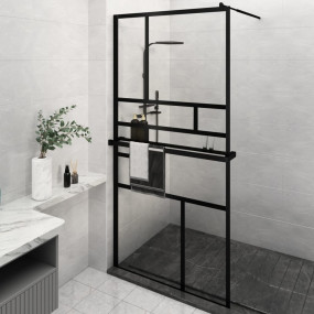 Walk-in Shower Wall with Shelf Black 45.3"x76.8" ESG Gl...