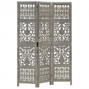 Hand Carved 3-Panel Room Divider Gray 47.2"x65" Solid M...