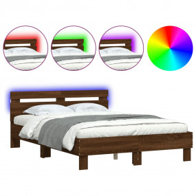 Bed Frame with LED without Mattress Brown Oak 53.1"x74....