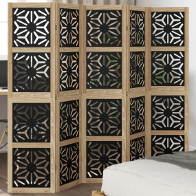 Room Divider 5 Panels Brown and Black Solid Wood Paulow...