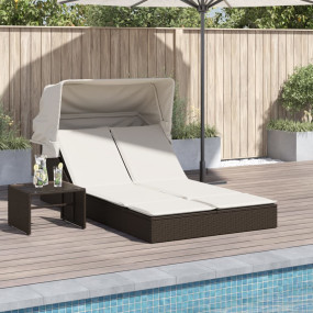 Double Sun Lounger with Canopy and Cushions Brown Poly ...
