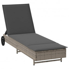 Sun Lounger with Wheels and Cushion Grey Poly Rattan