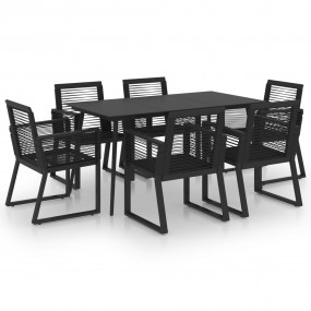 Dining Set Black PVC rattan, powder-coated steel, glass