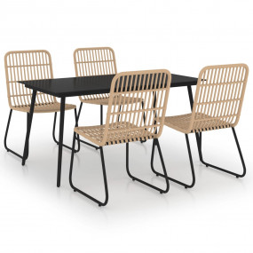 Dining Set Oak and Black Poly Rattan, Powder-Coated Ste...