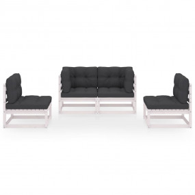Garden Lounge Set White Solid Pinewood, Fabric (100% Po...