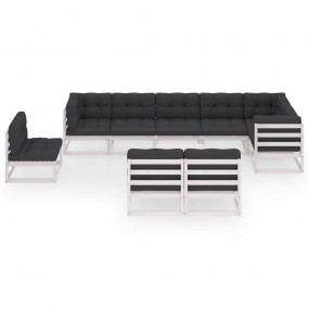 Garden Lounge Set White Solid Pine Wood, Polyester Fabr...