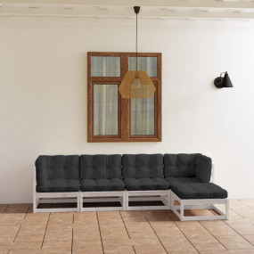 Garden Lounge Set White Solid pine wood, fabric (100% p...