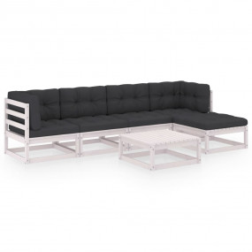 Garden Lounge Set White Solid pine wood, fabric (100% p...