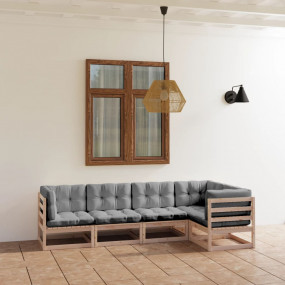 Garden Lounge Set Natural wood, Grey cushions