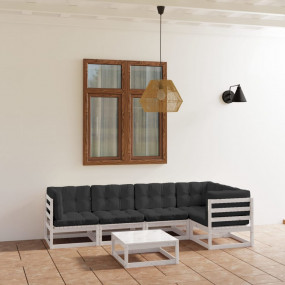 Garden Lounge Set White Solid Pine Wood, Fabric (100% P...