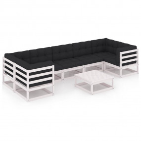 Garden Lounge Set White Solid pine wood, fabric (100% p...