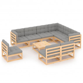 Garden Lounge Set Natural wood, Grey cushions