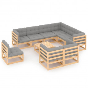 Patio Lounge Set Natural Pine, Grey Cushions
