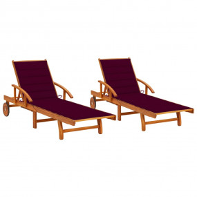 Sun Lounger Wine red cushion, Natural wood
