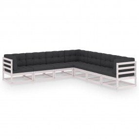 Garden Lounge Set White Solid pine wood, fabric (100% p...