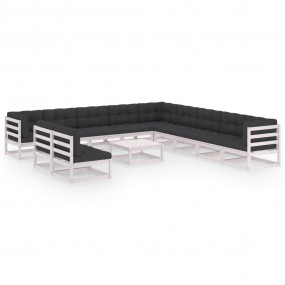 Garden Lounge Set White Solid Pine Wood, Polyester Larg...