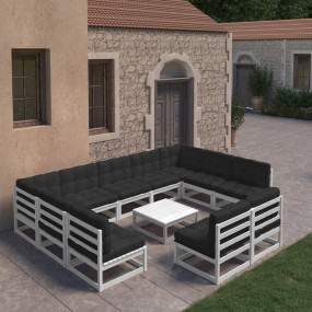Garden Lounge Set White Solid Pinewood, Polyester Large...