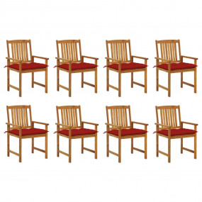 Patio Chair Set of 8 Red Cushion, Brown Wood