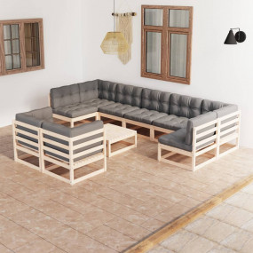 Garden Lounge Set Natural wood, Grey Solid pinewood, 10...
