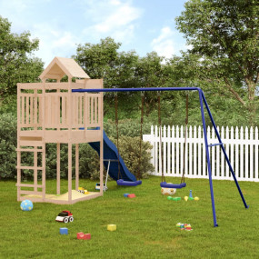 Outdoor Play-set Natural Wood, Blue Solid Pine Wood, Po...