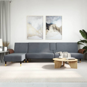 L-shaped Sofa Bed Dark Grey Velvet Large Foldable Moder...