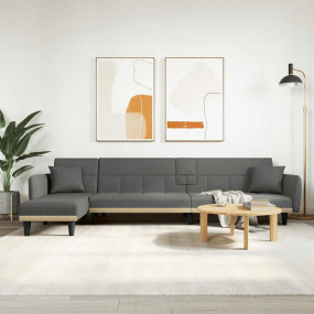 L-shaped Sofa Bed Dark Grey 100% Polyester Fabric, Plyw...