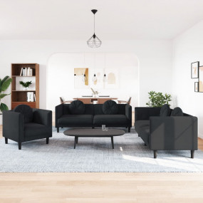 Sofa Set Black Velvet, Plywood, Solid Wood 3 Piece