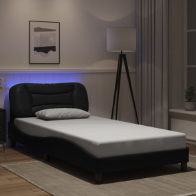 Bed Frame Black Faux leather, metal, solid pine wood, p...