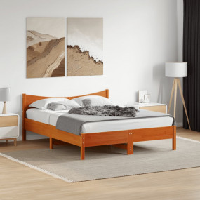 Bed Frame Wax Brown Solid Pine Wood, Plywood 63 x 79 in...