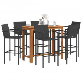 Garden Bar Set Black Poly Rattan, Solid Acacia Wood Lar...