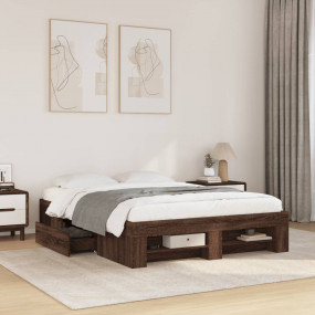 Bed Frame Brown Oak Engineered Wood, Plywood Full Bed F...