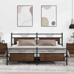 Bed Frame Brown Oak Steel, Engineered Wood Double Bed F...