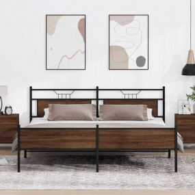 Bed Frame Brown Oak Steel, Engineered Wood Double Bed B...