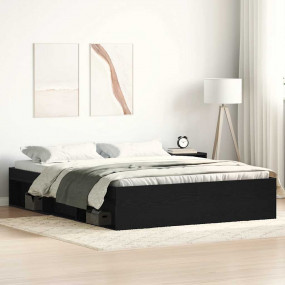 Bed Frame Black Oak Engineered Wood, Solid Pine, Plywoo...