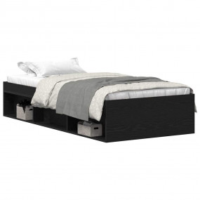 Bed Frame Black Oak Engineered Wood, Solid Pine Wood, P...