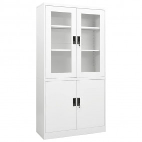 Office Cabinet White Steel and Tempered Glass Large