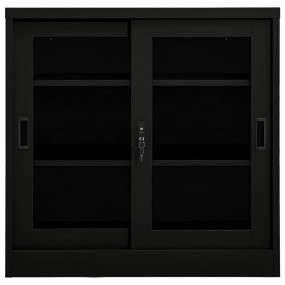 Sliding Door Cabinet Black Steel, Tempered Glass Medium
