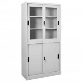 Office Cabinet Light Grey Steel, Tempered Glass Medium