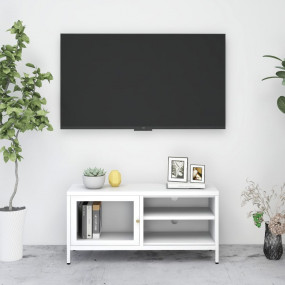 TV Cabinet White White powder-coated steel, tempered gl...