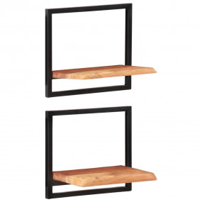 Wall Shelf Set of 2 Brown, Black Solid Acacia wood, Ste...