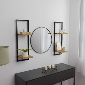 Wall Shelf Set of 2 Natural wood and black Solid Acacia...