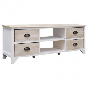 TV Cabinet White and Natural Wood Solid Paulownia Wood,...
